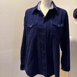 VTG 70s WOODLAND Corduroy Button Up Shirt L Navy Blue 100% Cotton Check Cuffs